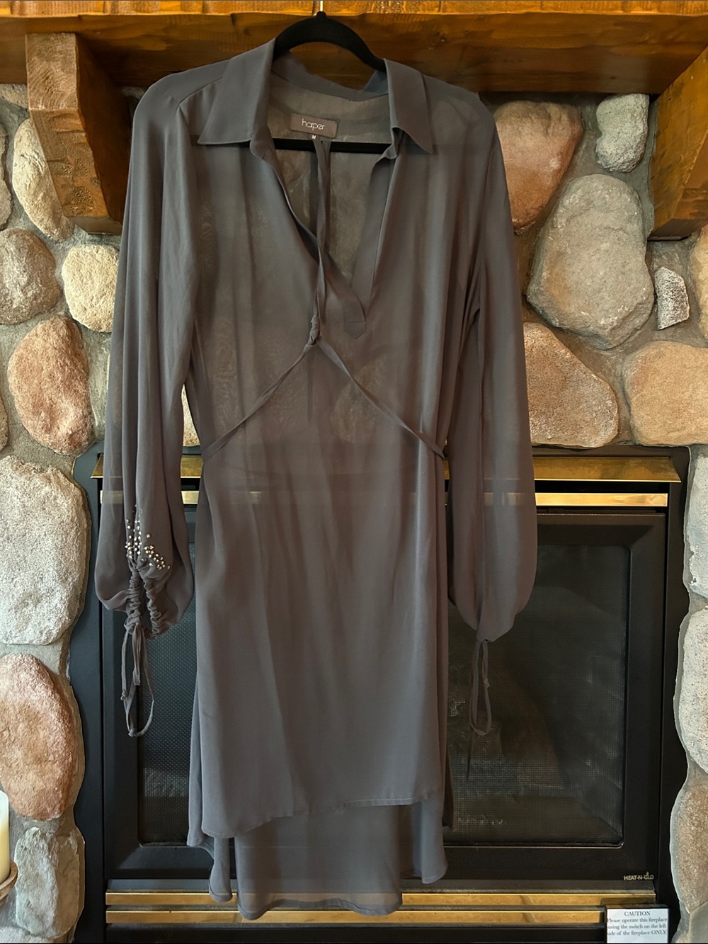 Anthro | Harper Charcoal Gray Sheer Long-Sleeve Hi-Low Shirt Dress, Size M